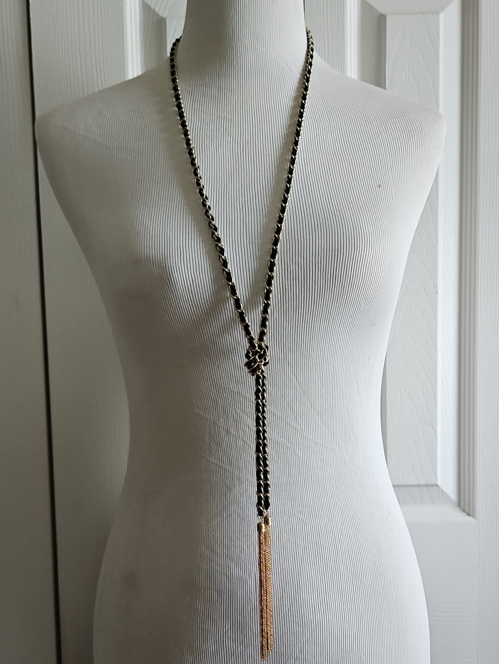 Long Black Suede Rope and Gold Knot Lariat Necklace